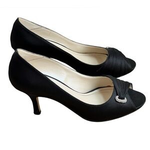 Caparros Black Satin Rhinestone Embellished Peep Toe Pumps Dressy Heels 9B